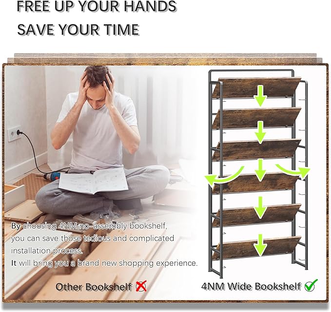 4NM No Assembly Extra Wide 6 Tiers Folding Bookshelf Storage Shelves Vintage Bookcase Standing Racks Study Organizer Home Office (Rustic Brown Black)