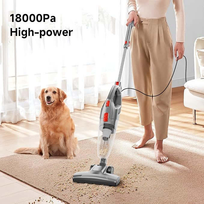 Corded Stick Vacuum Cleaner - Lightweight, Powerful Suction with 450W Motor, 3-in-1 16.4Ft Cord Vacuum Cleaners for Home, Hard Floor, Carpet, Pet Hair Black Gray