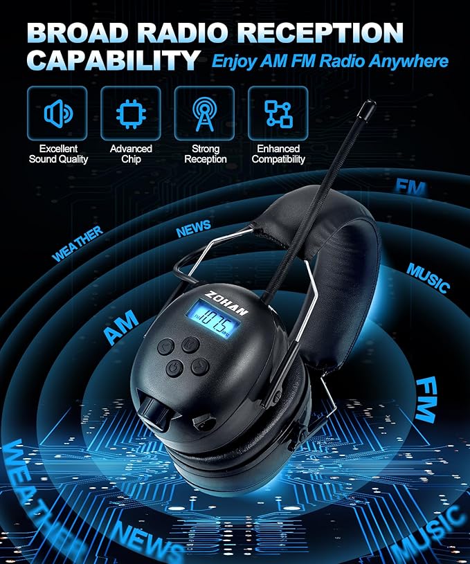 ZOHAN EM042 AM/FM Radio Headphone with Digital Display,Ear Protection Noise Reduction Safety Ear Muffs,Ultra Comfortable Hearing Protector for Lawn Mowing and Landscaping - Black