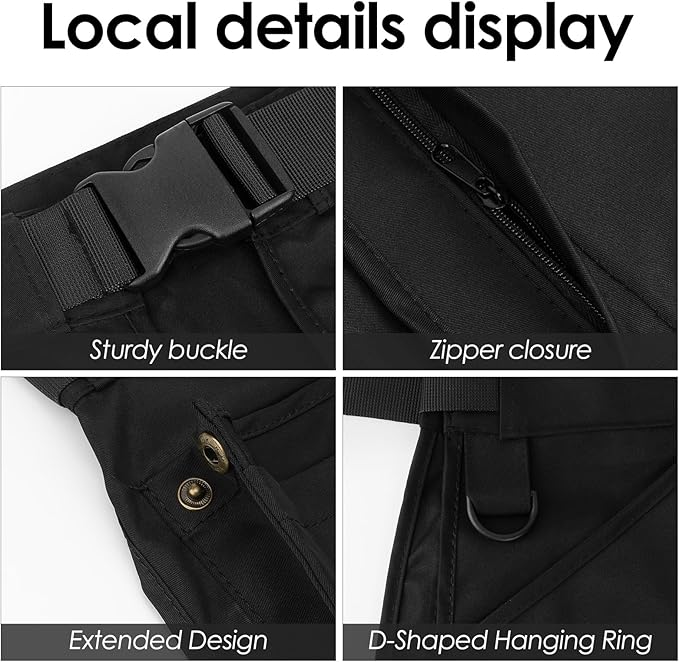 Waist Tool Apron with Detachable Pockets - Adjustable Utility Belt Pouch Bag, Heavy Duty Canvas Half Apron Organizer for Server, Garden, Dog Training, Hairstylist & Cleaning (Black)