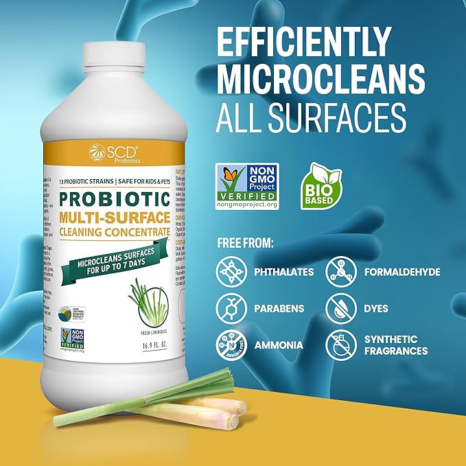 USDA Biobased Probiotic Cleaner, Microcleans Surfaces for Up to 7 Days, Ultra Concentated Multi Surface Cleaning Concentrate with Postbiotics, Lemongrass – 17 Fl Oz. (3 Pack)