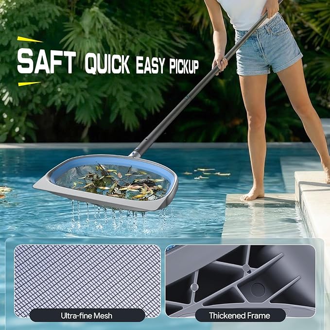 UIRWAY 4-in-1 Deluxe Swimming Pool Cleaning Kit - Includes Detachable Pool Brush, Heavy Duty Deep Leaf Skimmer Net, Fine Mesh Net, Extendable Aluminum Pole for Inground & Above Ground Pools Cleaning