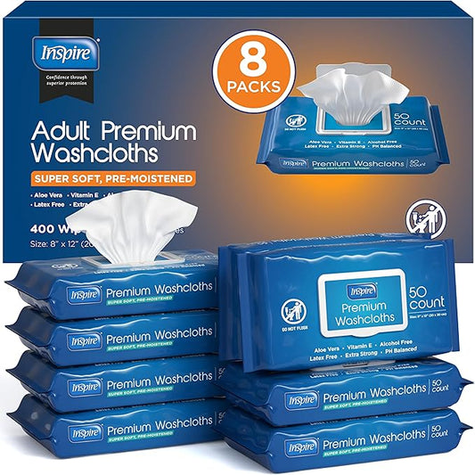 Inspire Adult Wet Wipes, Wash Cloths, Incontinence & Cleansing for Elderly Extra Large, 8"x12" (Pack of 8)