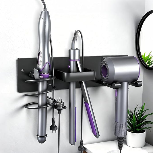 Blow Dryer Holder Wall Mount, 3 in 1 Bathroom Hair Tool Organizer with Curling Iron Holder & Flat Iron Holder, Universal Hair Dryer Holder Rack Storage Matte Black