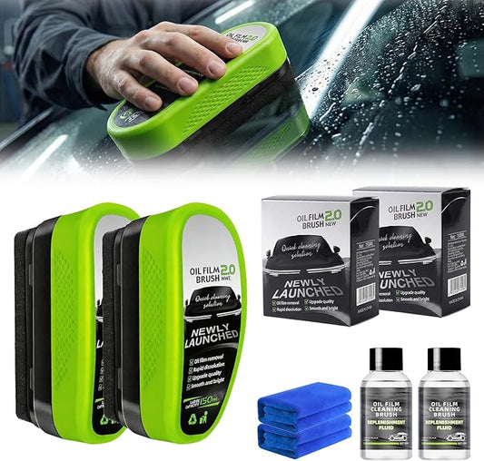 Upgrade 2.0 Glass Cleaning Board, Automotive Oil Film Cleaning Brush for Car Windows, Windshield Oil Film Remover with Cloth, Glass Oil Film Board Improving Clarity Visibility (2 Pack)