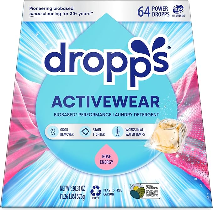 Dropps Activewear Laundry Detergent Pods, Rose Energy (64 Count) - Biobased Power Laundry Pods Fights Tough Stains & Odors, Sweat & Dirt - HE Compatible Laundry Supplies for Clean Sport Clothes