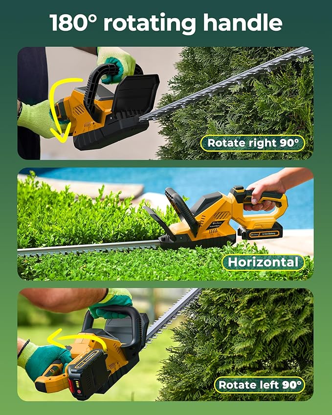 20'' Hedge Trimmer Cordless with Battery, 3000RPM Electric Handheld Bush Clipper with 2pcs 2000mAh Rechargeable Batteries, 180° Rotatable Head, 2/3'' Blade Gap Yellow