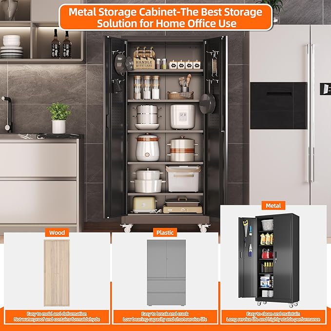 SUXXAN Garage Storage Cabinet with Wheels Pegboard and 5 Adjustable Shelves, 71'' x 32'' x 16''Metal Lockable Cabinet with Magnetic Doors,Tool Storage,Home Office Garage,Gym,School (Black)