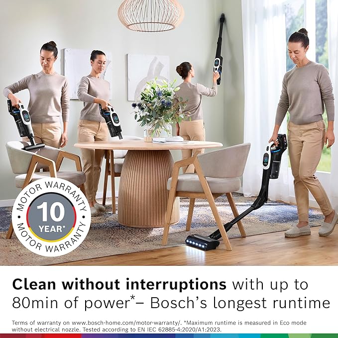 Bosch Unlimited 10 Cordless Stick Vacuum, Up to 80-Min Runtime, 90° Flex Tube, MicroClean Brush, >99.9% Dust Pick-up, HEPA Filter, Pet Hair, Carpets & Hard Floors, 3 Accessories, White