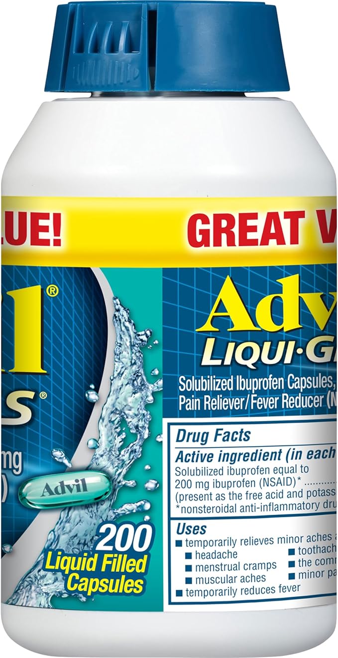 Advil Liqui-Gels Pain Reliever and Fever Reducer, Pain Medicine for Adults with Ibuprofen 200mg for Headache, Backache, Menstrual Pain and Joint Pain Relief - 200 Capsules, Advil PM Ibuprofen - 2 Ct