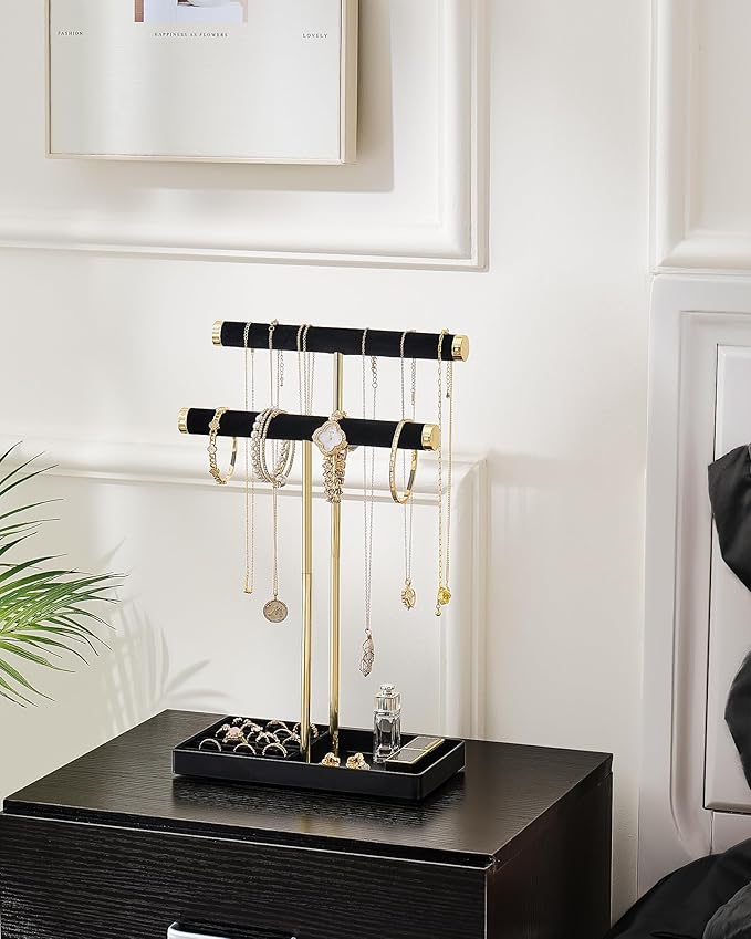 Lolalet 2-Tier Necklace Holder Display, Velvet Wrapped Bracelet Stand with Removable Ring Tray, Tall Jewelry Organizer for Bangles Watches Earrings, Galentines Valentines Gifts for Girls Women -Black