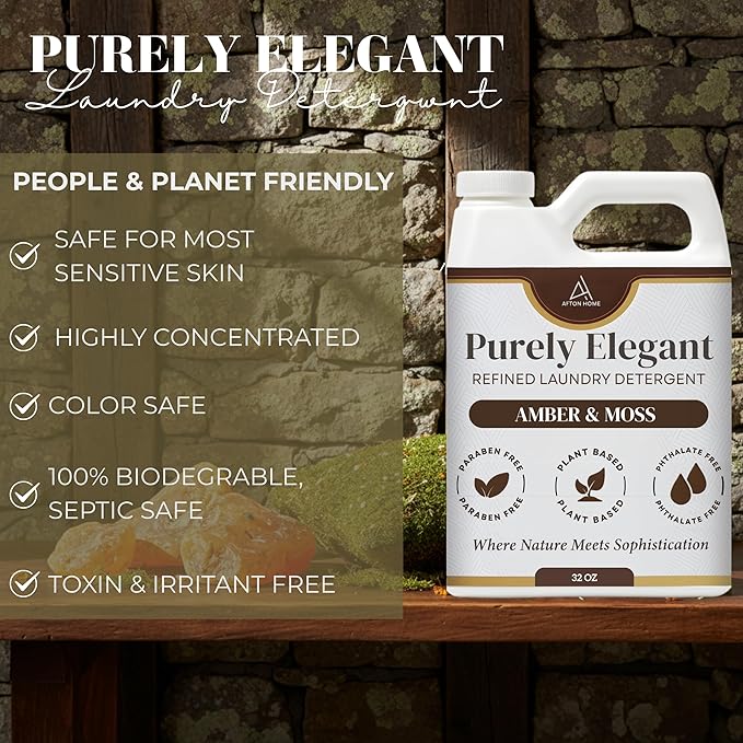 Elegant Luxury Plant-Based Laundry Detergent Amber & Moss Scent, 64oz by Purely Elegant, Biodegradable, Bulk, Highly Concentrated, Sensitive Skin Safe, Paraben Free, HE, Eco Friendly