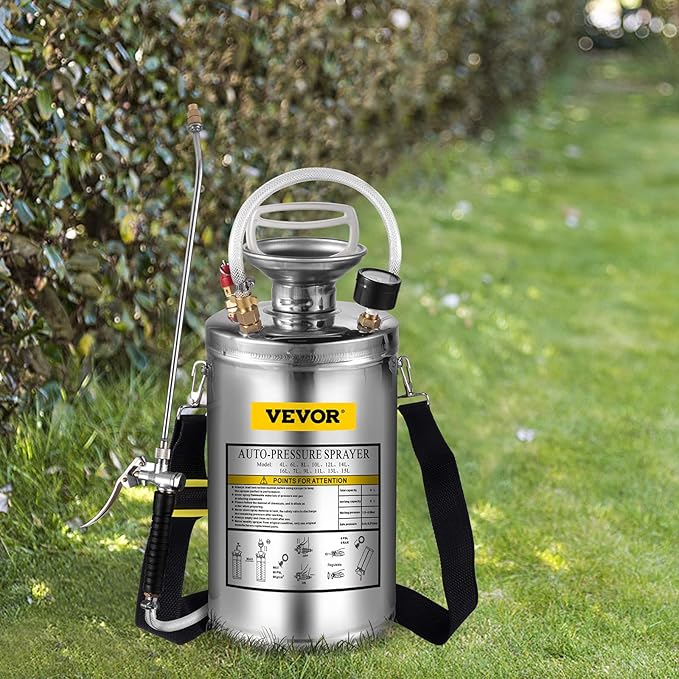 Happybuy 1.5 Gallon Stainless Steel Sprayer, 16" Wand&3.3FT Reinforced Hose, Hand Pump Sprayer with Pressure Gauge, Safety Valve&Adjustable Nozzle, Weed Sprayers for Lawn, Gardening & Sanitizing