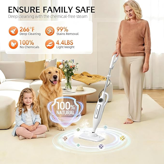 10-in-1 Steam Mop with Power Handheld Steam cleaner, Removable Water Tank, 266℉Deep Cleaning, 2 Steam Modes & Multi-Purpose Steamer For Hardwood Floor, Laminate, Marble, White