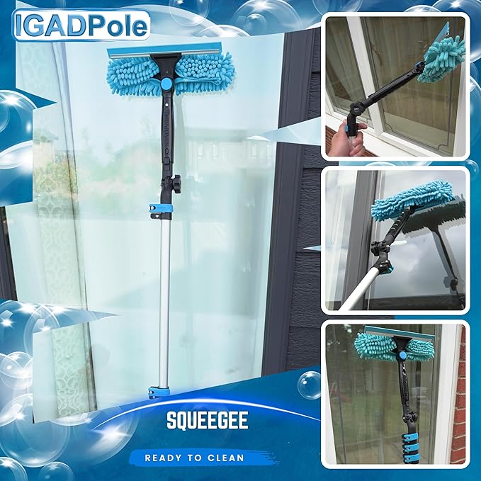 IGADPole 20 FT Water-Fed Washing Kit with Soap-Dispenser, Brush, 10″ Squeegee & Cobweb Duster for Windows, Gutters, Solar Panels & Exterior Walls