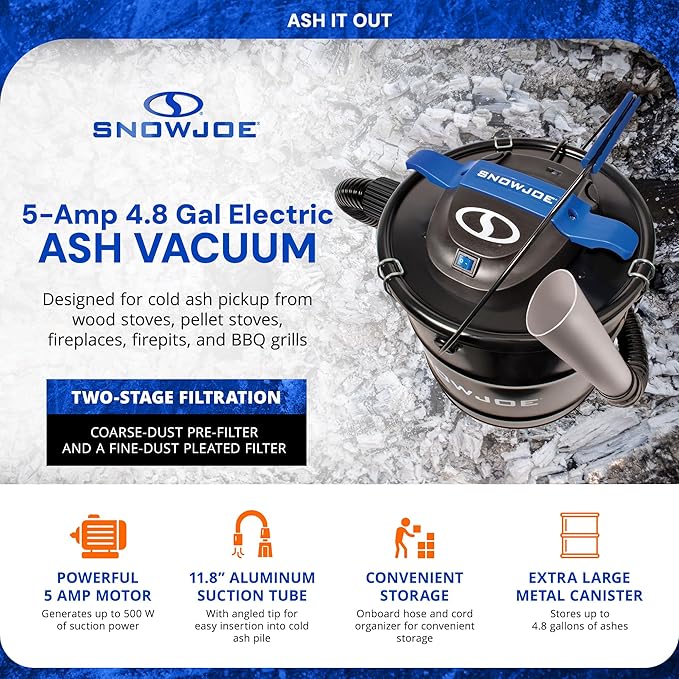 Snow Joe Bagless Ash Vacuum Cleaner Machine, Metal Canister with Hose and Filter, 4.8 Gallon, 5-Amp Motor - Vacuuming and Cleaning Equipment for Home, Garage and Outdoor Spaces, ASHJ202E