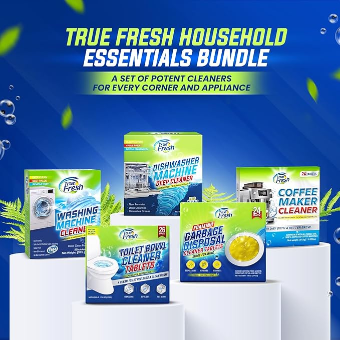 True Fresh Washing Machine Cleaner Tablets 25 Pack for Front Load, Top Loader & HE Washers, Eliminates Odor, Limescale & Grime, Deep Cleans Inside Drum Pump, Valve & Hoses – Septic Safe, 1-Year Supply