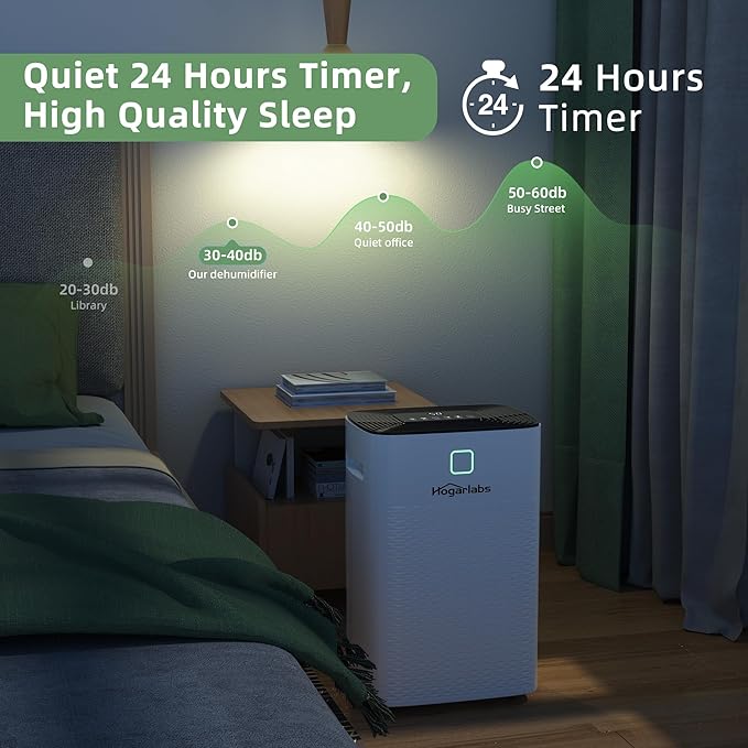 HOGARLABS 30 Pint Dehumidifiers for Home and Basements, with 3 Working Modes, Overflow Protection, and Auto Shut off Restart. Ultra Silent Dehumidifier with Drain Hose and Digital Control Panel.