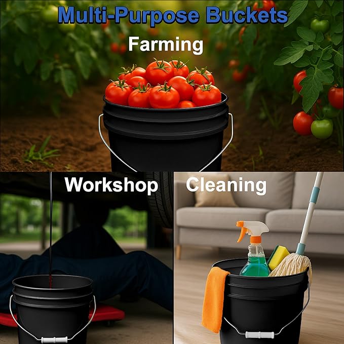 2-Gallon Bucket with Airtight Lid – Heavy-Duty Extra Durable Pail – Made in USA – Premium Quality HDPE – Food Grade – BPA Free – Metal Handle with Plastic Grip – Stackable – Multi-Use – Black, 4 Pack