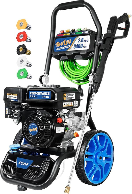 TOOLCY 3400 PSI & 2.8 GPM Gas Powered Pressure Washer with Onboard Soap Tank, Power Washer for Cleaning Cars Homes Patios Fences Driveways, Spray Gun, 5 Nozzles, 50FT Pressure Hose (Foldable Frame)
