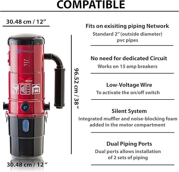 Prolux CV12000 Red Central Vacuum Power Unit w Powerful 2 Stage Motor