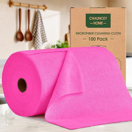 Microfiber Cleaning Cloth Roll - 100 Pack Tear Away Microfiber Paper Towels, Reusable, Washable, Scratch-Free, Kitchen Towels for Car, Home, Kitchen, Glass, Dishes (Hot Pink)