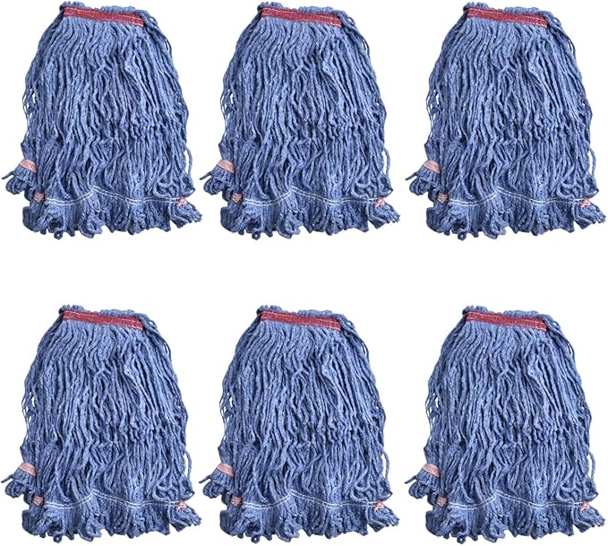 Loop-End Mop Head Replacement, 6 Pack – Commercial & Industrial Mop Heads with 1.25" Headband, Cotton Blend, Machine Washable Blue Mop Refills for Floor Cleaning