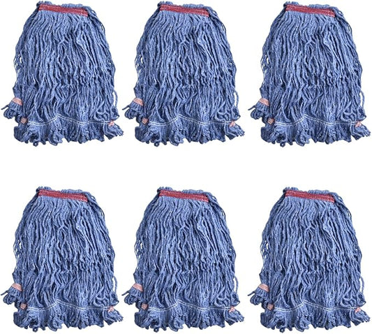 Loop-End Mop Head Replacement, 6 Pack – Commercial & Industrial Mop Heads with 1.25" Headband, Cotton Blend, Machine Washable Blue Mop Refills for Floor Cleaning