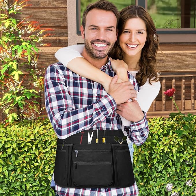 Professional Cleaning Apron with 7 Pockets and Adjustable Waist Belt, Bartender, Chef, Waiter - Women & Men, Restaurants, Cafes, Bars, Black