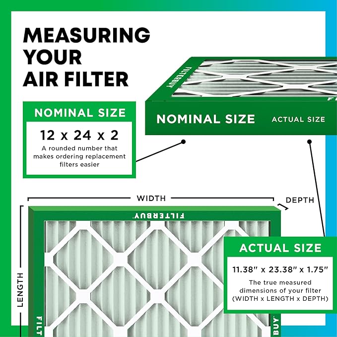 Filterbuy 12x24x2 Air Filter MERV 13 Optimal Smoke & Allergy Defense (6-Pack), Electrostatic Pleated HVAC AC Furnace Filters Replacement, Made in USA (Actual Size: 11.38 x 23.38 x 1.75)