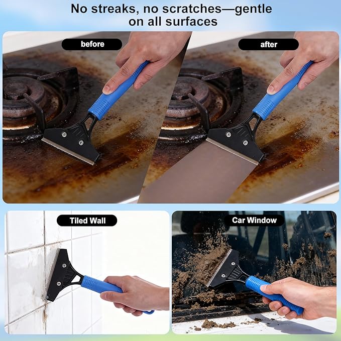 3-in-1 Professional Window Squeegee Kit with 2 Squeegee, 2 Microfiber Scrubber, 1 Razor Scraper, Thick Iron, 77.5" Window Squeegee with Extension Pole for Car, Glass, Mirror, Wall, Bathroom, Home, Van