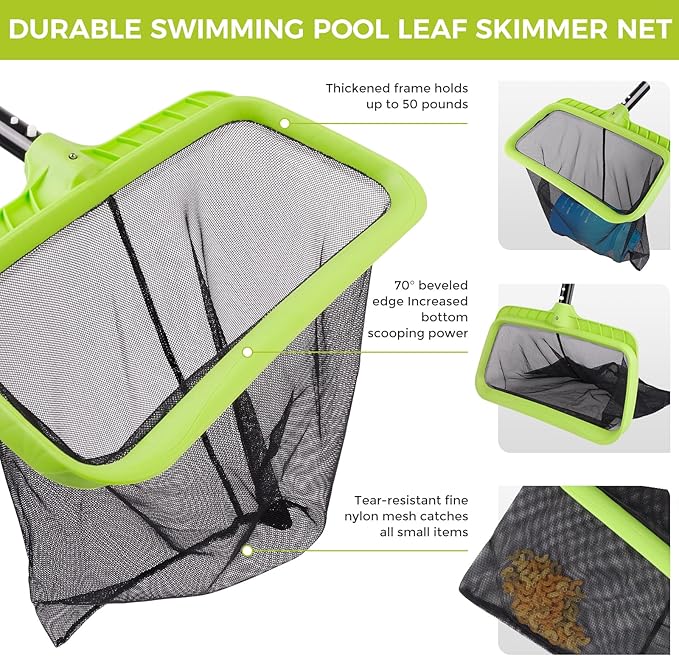 BoxedHome Swimming Pool Cleaning Kit with 10.5Ft Adjustable Aluminum Pole, 17.5" Rounded End Pool Brush Head & Deep Skimmer Net/Basket for Inground & Above Ground Pool