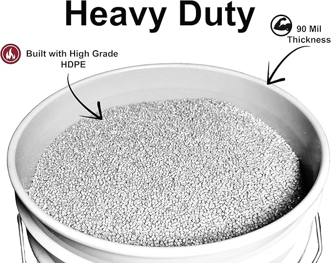 5-Gallon Bucket with Airtight Lid – Heavy-Duty Extra Durable Pail – Made in USA – Premium Quality HDPE – Food Grade – BPA Free – Metal Handle with Plastic Grip – Stackable – Multi-Use – White, 5 Pack