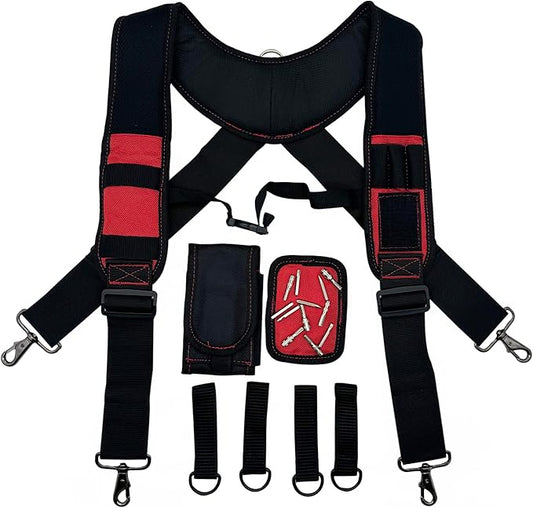 Tool Belt Suspenders for Work Belt Heavy Duty Padded with Magnetic WristBand Attachment Loops for Men