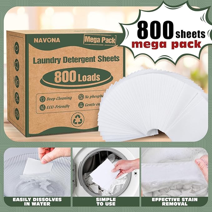 800 Loads Mega Pack Laundry Detergent Sheets, Eco-friendly Laundry Sheets, Powerful Cleaning, Suitable for Homes, Dorms, and Apartments - [Fresh Scent]