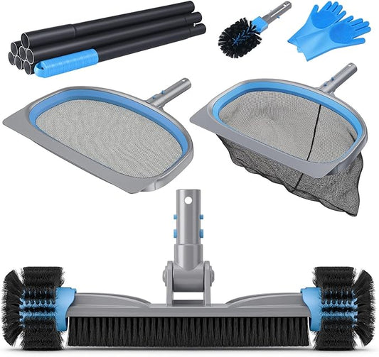 UIRWAY 6-in-1 Deluxe Swimming Pool Cleaning Kit - Includes Detachable Pool Brush, Deep Leaf Skimmer & Fine Mesh Net, Small Brush, Gloves, Adjustable Aluminum Pole Inground & Above Ground Cleaning
