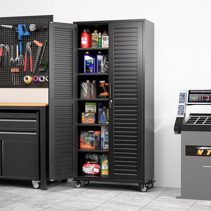 SUXXAN Garage Storage Cabinet with Wheels Pegboard and 5 Adjustable Shelves, 71"x 31.5"x15.8" Metal Lockable Cabinet with Louvered Doors, Tool Storage, Home Office Garage, Gym, School (Black)