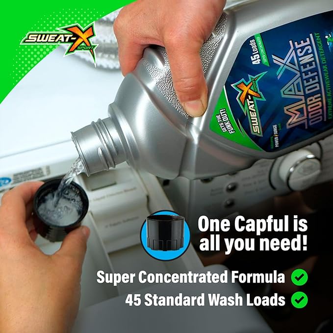 SWEAT X Max Odor Defense Laundry Detergent Liquid - Natural Washing Detergent for Activewear & Gym Clothes - Laundry Detergent for Sensitive Skin - Concentrated Detergent, 45 Loads (1 Bottle)
