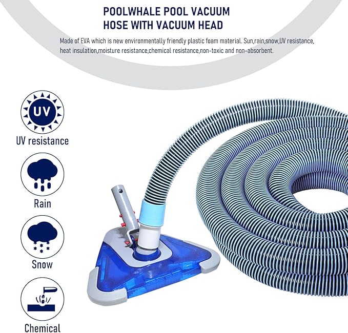 POOLWHALE Professional 1-1/2-Inch x 24-Feet Swimming Pool Vacuum Hoses with Swivel Cuff and Triangular Weighted Flex Vacuum Head, Perfect for Above Ground and Small Inground Pools