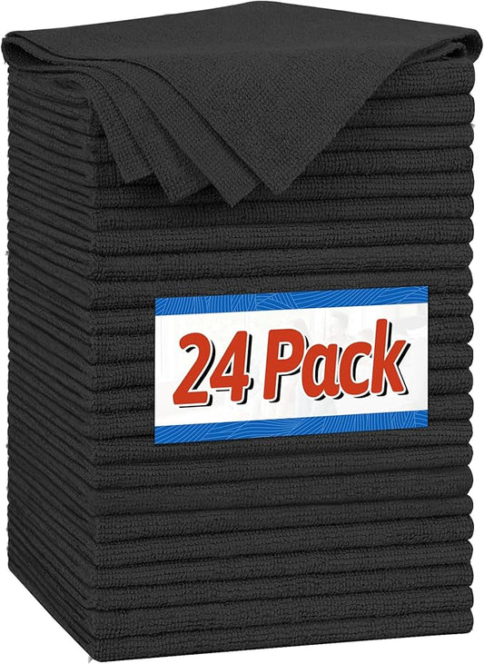 FIXSMITH Microfiber Cleaning Cloth, Shop Towels Bulk, 24 Pack Black Microfiber Towels for Cars, All-Purpose Absorbent Cleaning Rags, Dust Cloth for Automotive, Mechanic, Garage, Bar, 12 x 11 inch