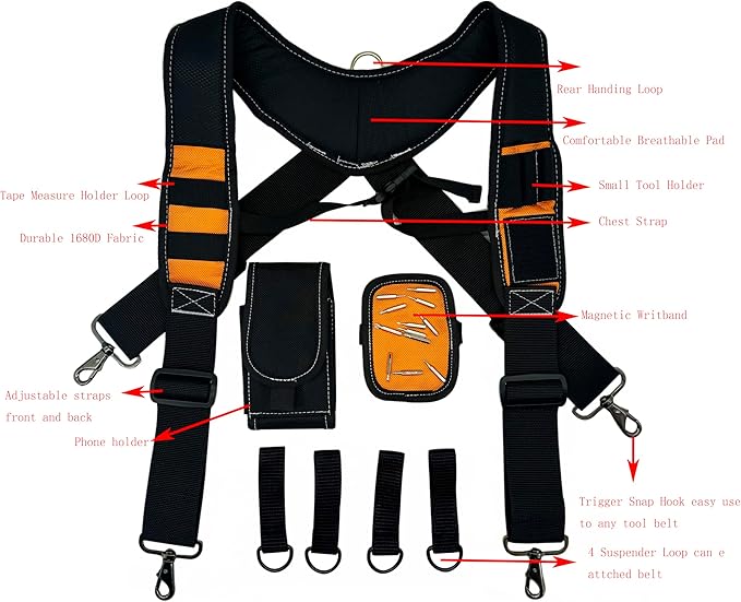 Tool Belt Suspenders for Work Belt Heavy Duty Padded with Magnetic WristBand Attachment Loops for Men