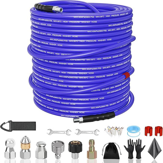 SITIMIMIL® Sewer Jetter Kit for Pressure Washer 150FT, 5800PSI Sewer Jetter Hose Kink-Free with 4 Nozzles, 1/4 Inch NPT Hose for Plumbers/Contractors/DIYers Drain Cleaning