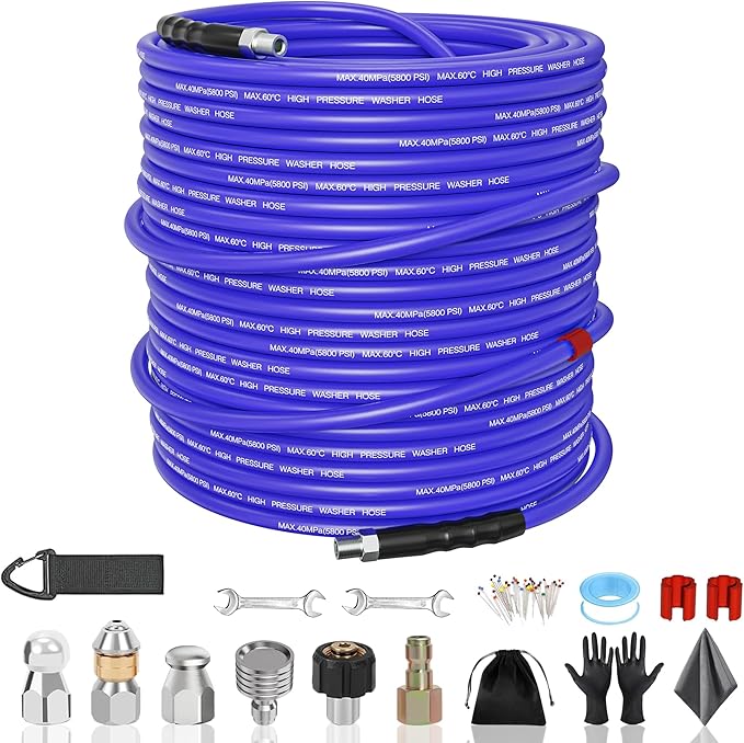 SITIMIMIL® Sewer Jetter Kit for Pressure Washer 200FT, 5800PSI Sewer Jetter Hose Kink-Free with 4 Nozzles, 1/4 Inch NPT Hose for Plumbers/Contractors/DIYers Drain Cleaning