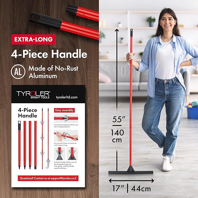 Tyroler Rubber Floor Squeegee Heavy Duty 17", Deck Squeegee Outdoor for Floors with 55" 4 Part Handle, Perfect Outdoor Squeegees for Patio, Tiles, Marble, Garage, Shower, Window