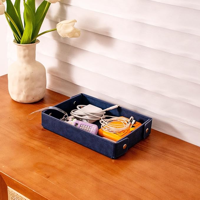 BONNY DODO Valet Tray for Men PU Leather Tray Organizer with Partition, Storage Keys, Watch & Practical Storage for Table Nightstand Living Room Bedroom (Blue)