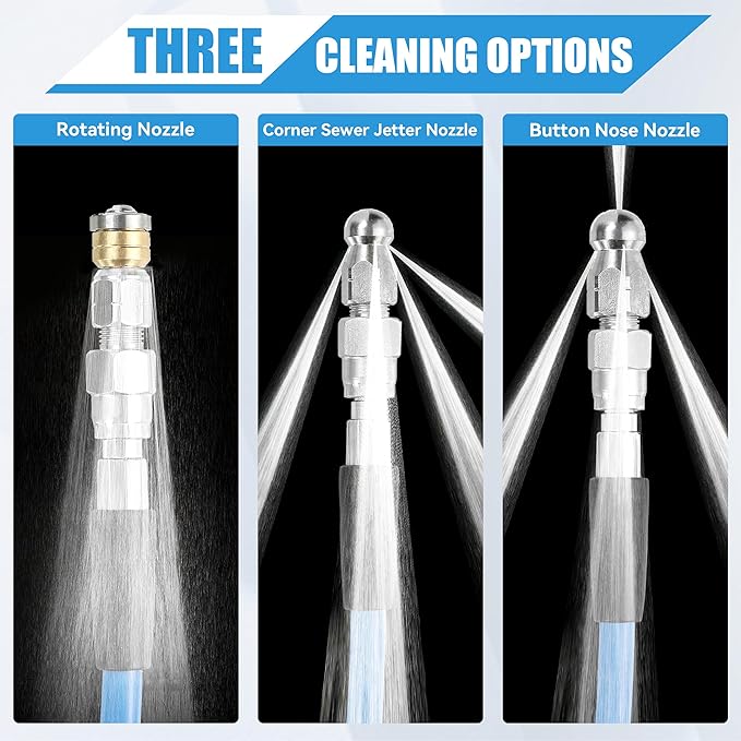 RIDGE WASHER Sewer Jetter Kit for Pressure Washer 100FT, 3600 PSI Drain Cleaning Hose with Short Pressure Washer Gun, 1/4 Inch NPT Corner, Rotating and Button Nose Sewer Jetting Nozzle