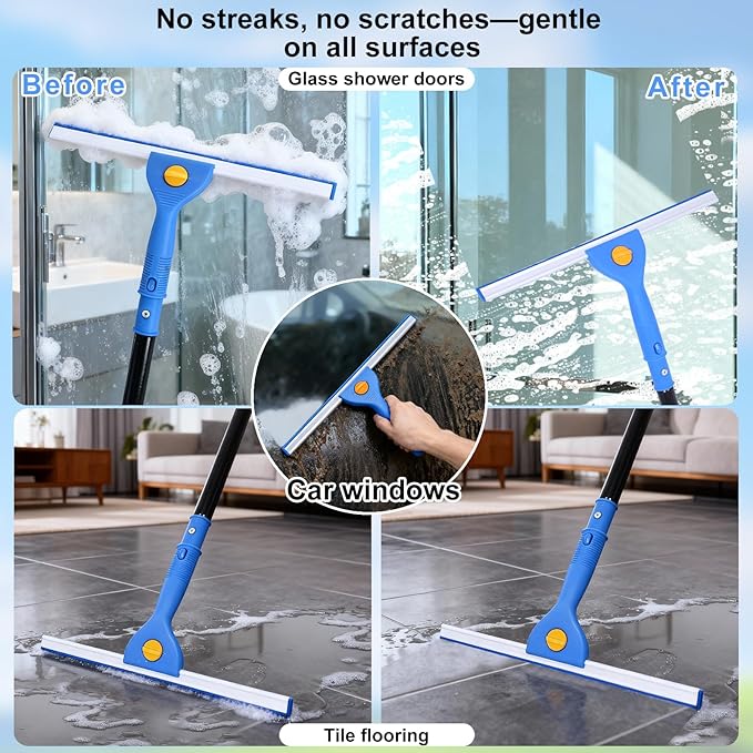 3-in-1 Professional Window Squeegee Kit with 2 Squeegee, 2 Microfiber Scrubber, 1 Razor Scraper, Thick Iron, 63.4" Window Squeegee with Extension Pole for Car, Glass, Mirror, Wall, Bathroom, Home, Van