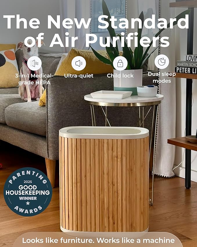 Windmill Air Purifier for Home - 3-In-1 Filtration for Smoke & More - True HEPA Filter, Activated Carbon, & Pre-Filter - Covers Up To 1950 sq ft - Ultra-Quiet - App Compatible - Bamboo