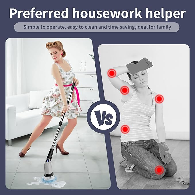 YKYI Electric Spin Scrubber-Cordless Power Scrubber with 8 Brush Heads, 3 Speeds & Adjustable Long Handle, IPX7 Waterproof Shower Cleaning Brush for Bathroom Tile, Bathtub, Grout, Kitchen(Grey)