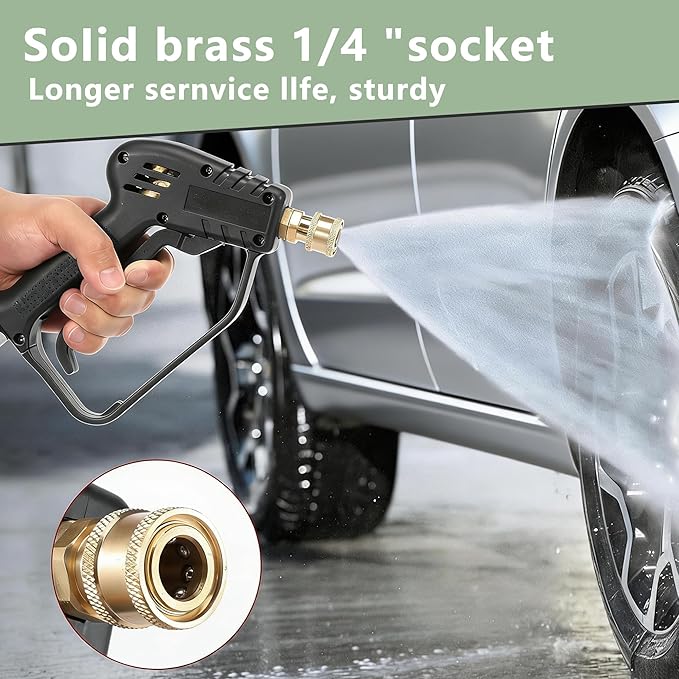 Short Pressure Washer Gun with Swivel, High Pressure Water Handle, Anti-Tangle Design, Max 4000 PSI with 5 Spray Nozzle Tips, 3/8'' Male Plug and M22-14/15mm Fittings for Car Detailing